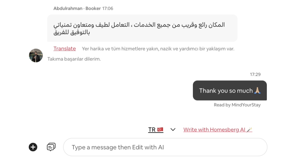 Guest message translated into English by the Homesberg assistant
