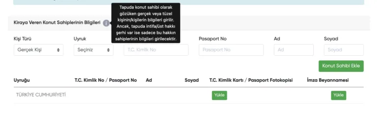 Turizm amaçlı konut kiralama oda sayısı ekranı