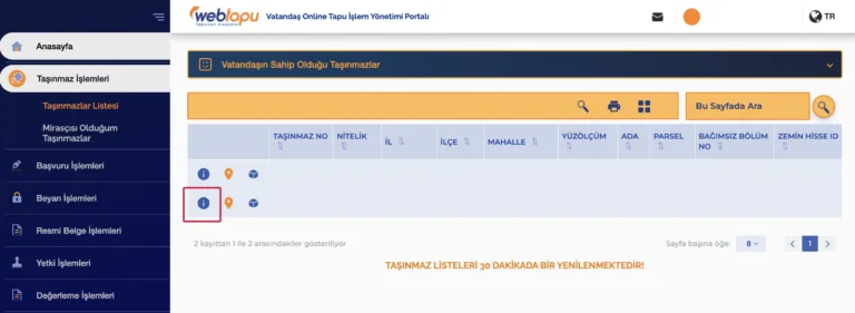 Web Tapu işlem ekranı