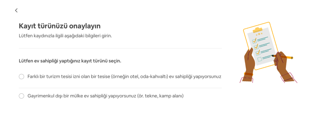Airbnb izin belgesi muafiyeti seçim ekranı