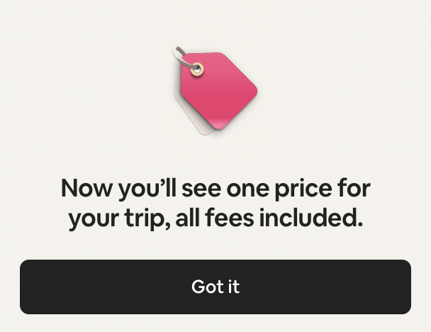 Airbnb notice showing a message about total price display with all fees included.