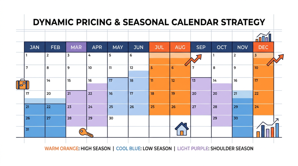Dynamic pricing and seasonal calendar strategy showing high season, low season, and shoulder season periods across the year