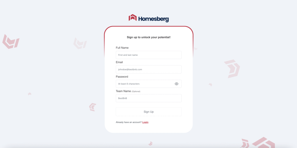 Step 1: Homesberg sign-up screen