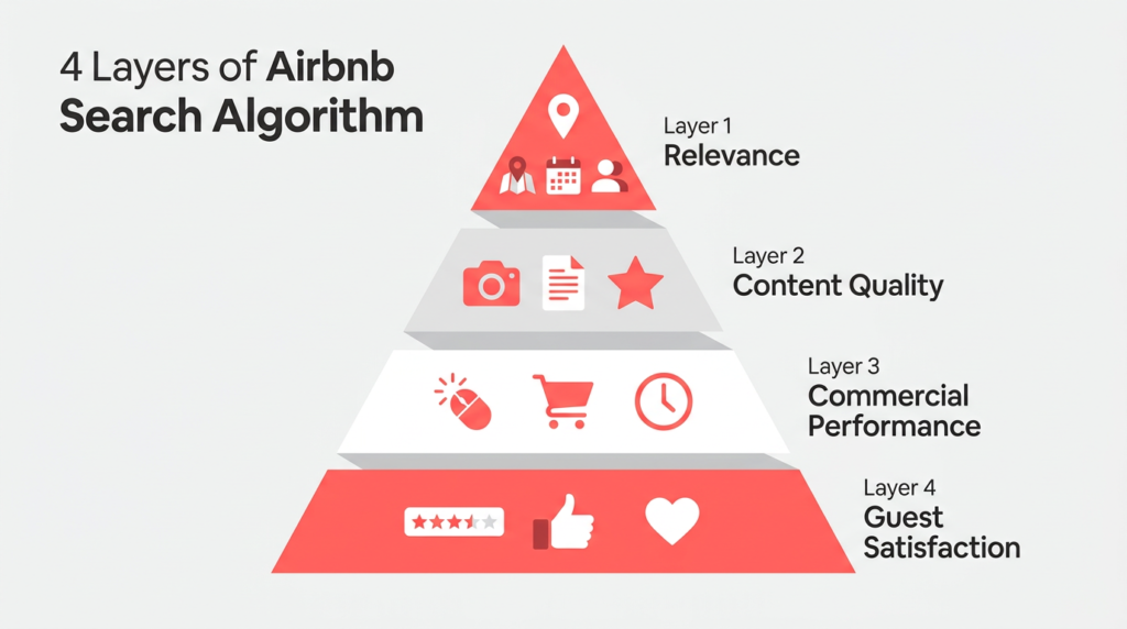 Diagram showing the four layers of Airbnb's 2026 search algorithm as a pyramid: Relevance at the top, then Content Quality, Commercial Performance, and Guest Satisfaction at the base.