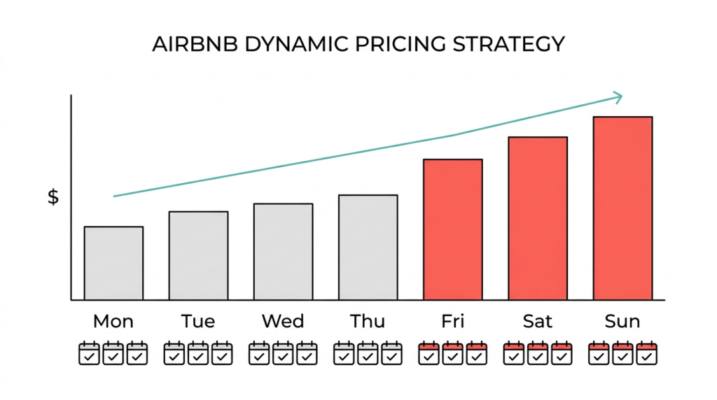 Bar chart showing an Airbnb dynamic pricing strategy with higher nightly rates on weekends (Friday, Saturday, Sunday) shown in coral and lower weekday rates in gray, with a rising trend line.