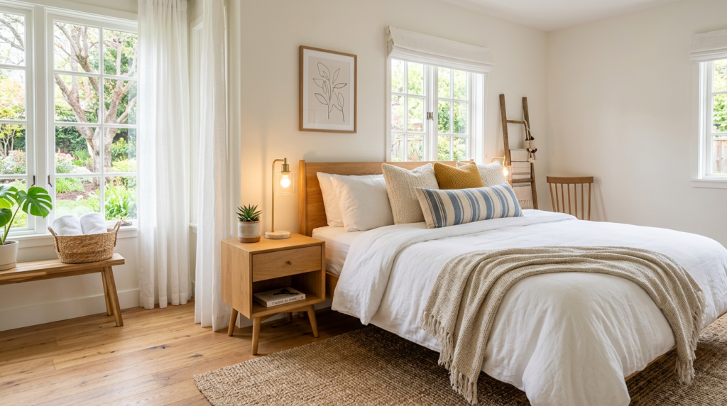 A beautifully staged vacation rental bedroom with bright natural light, white bedding, and warm wooden furniture, illustrating the visual quality Airbnb's algorithm rewards.