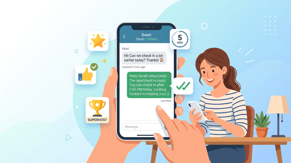 Illustration of a host replying to a guest message within 5 minutes on a smartphone, with a Superhost badge and star ratings floating nearby.