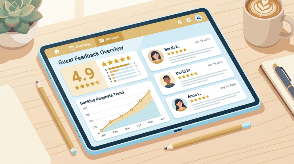 Guest feedback dashboard showing a 4.9-star rating and a rising booking requests trend over several months