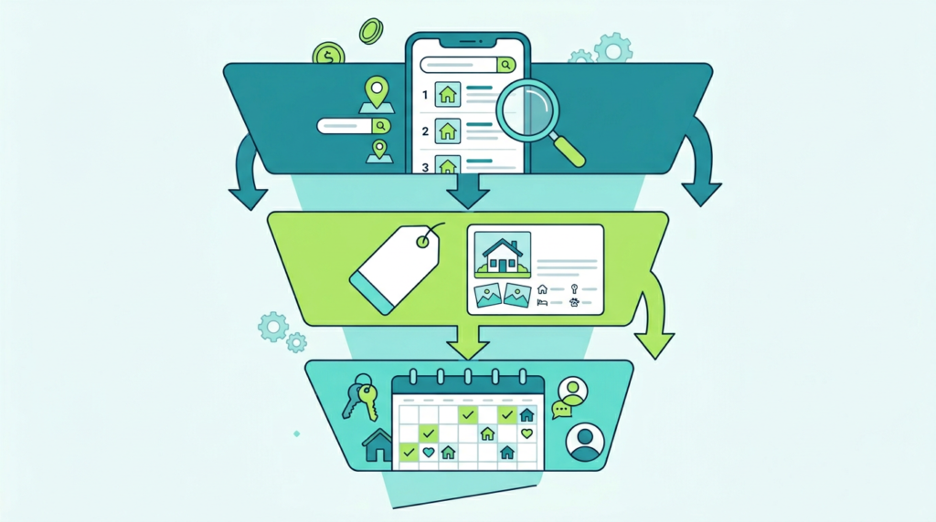 Diagram showing how Airbnb search visibility, listing price, and calendar bookings connect in a conversion funnel