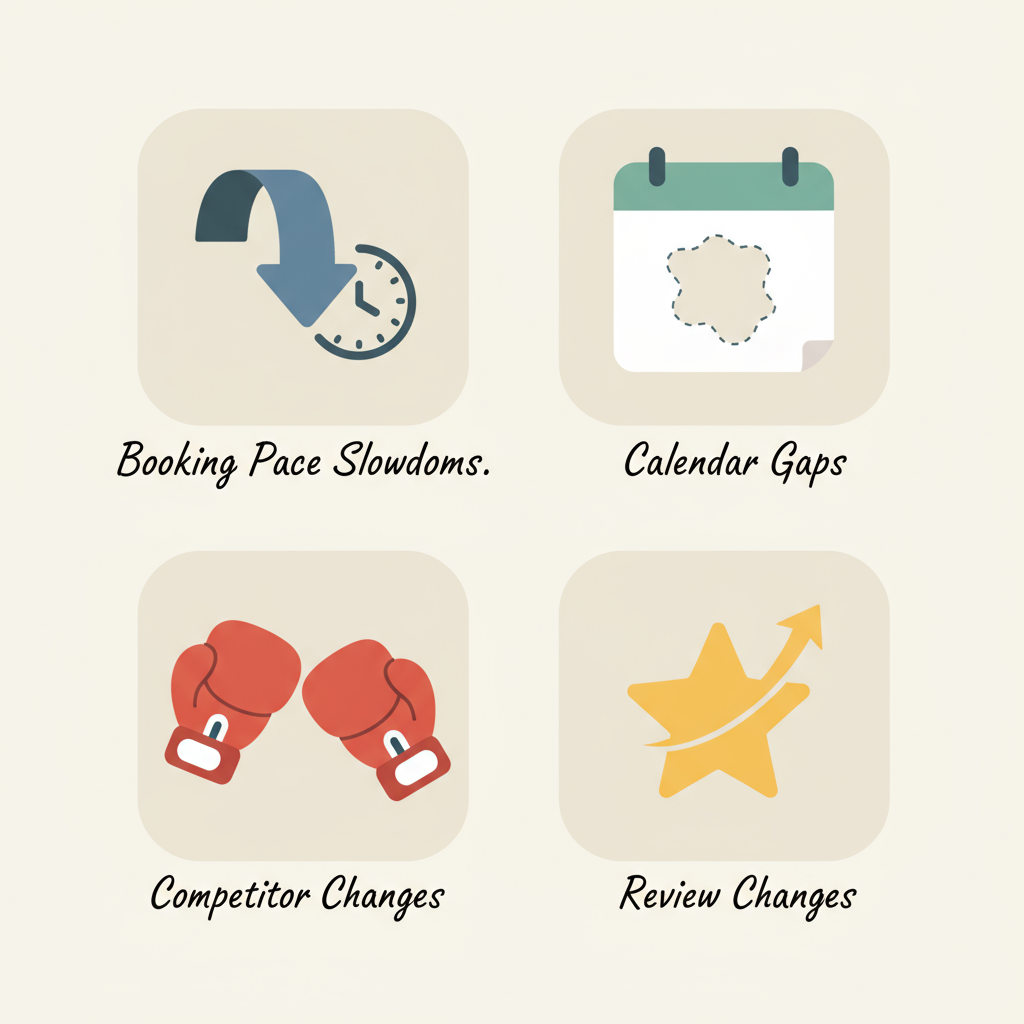 Icons representing factors that trigger price adjustments: booking pace slowdowns, calendar gaps, competitor changes, and review score changes.