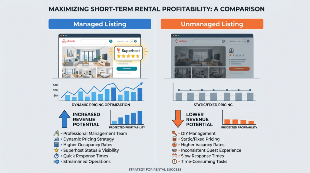 Side-by-side comparison of a professionally managed Airbnb listing with dynamic pricing versus an unmanaged listing with static rates, illustrating the revenue gap between the two approaches.