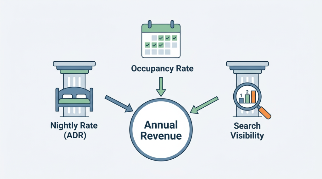 Diagram showing the three pillars of Airbnb profitability: nightly rate (ADR), occupancy rate, and search visibility, all converging into annual revenue.