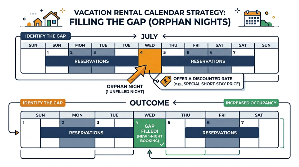 Calendar diagram showing an orphan night between two reservations highlighted in amber, with a discounted rate offer, and the outcome showing the gap filled in green