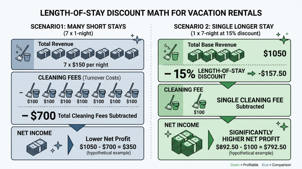 Infographic showing net income comparison: seven one-night stays producing $350 net versus one seven-night stay at a 15% discount producing $792.50 net after single cleaning fee