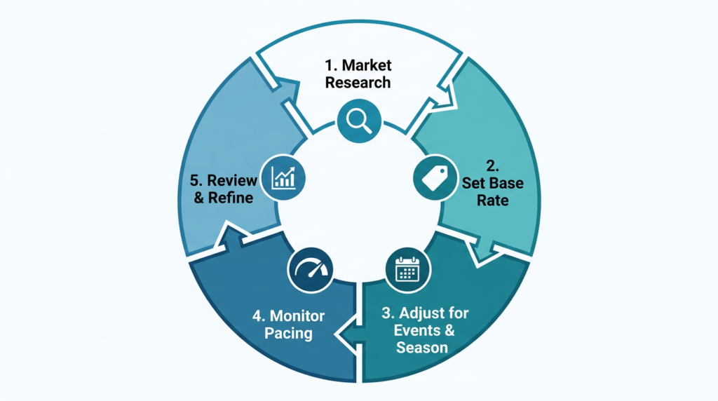 Circular diagram showing the five-step monthly pricing optimization loop: market research, base rate setting, seasonal and event adjustment, pacing monitoring, and monthly review and refinement